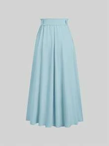 Sweetra Váy maxi dài xếp ly thắt eo màu trơn dành cho nữ, kiểu dáng thường ngày. - Màu xanh nhạt - Xem 2