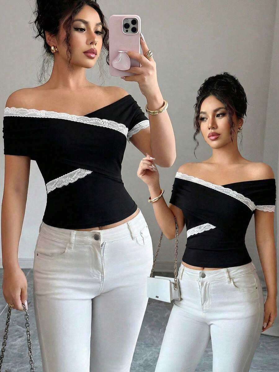 Elenzga 蕾丝拼接交叉露肩上衣，夏季 - 黑與白 - 查看 1