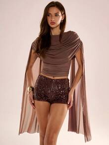Avenya Draped Neck Ruffle Tie Shoulder Knit Top - Brown - View 4