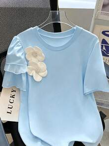 INAWLY Plus Size Women Casual Elegant 3D Floral T-Shirt Tea Party Light Blue Summer - Blue - View 3