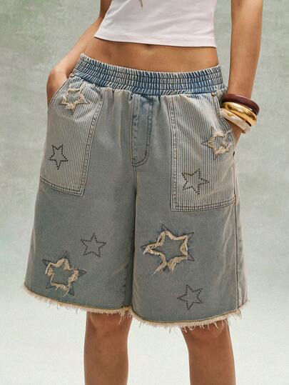 Bohemela 夏季休闲水洗牛仔短裤，饰有星星刺绣