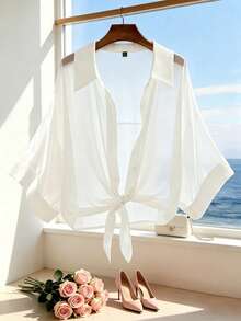 SHEIN Franclia Ins Blogger Favorite Summer French Sheer Chiffon Loose Shirt, Batwing Sleeve Hem Knot Tie Open Front Blouse, Versatile Sun Protection Casual Outerwear Vacation Office Versatile Casual Outerwear White Shirt Cover Up Blouses For Women Summer Blouse Summer White Blouse Tie Front Blouse Loose Fit Blouse - White - View 3