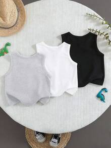 Set de 3 vestă sport cu mânecă scurtă, casual, confortabilă, versatilă, pentru băieți, cu imprimeu de desene animate și fețe zâmbitoare, preț excelent! Potrivită pentru ținute casual de zi cu zi, sport, școală sau relaxare acasă. Poate fi purtată ca strat interior sau exterior, perfectă pentru primăvară și vară. - Gri - Vizualizare 2