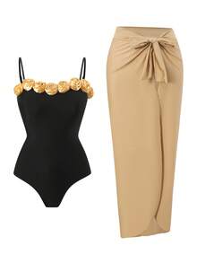 Swim Oasis Spring/Summer New One-Piece Swimsuit, Black With Gold 3D Floral Decor Monokini And Gold Shiny Nylon Fabric Side Tie Maxi Skirt 2-Piece High-End Set, OASIS, Suitable For Beach, Swimming Pool, Resort, Party - Multicolor - View 3