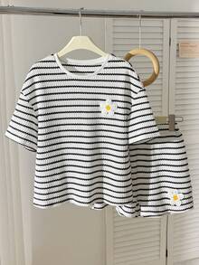Tween Girls' Summer Casual Striped Patchwork Short Sleeve Round Neck T-Shirt + Elastic Waist Shorts Set - Black and White - View 6
