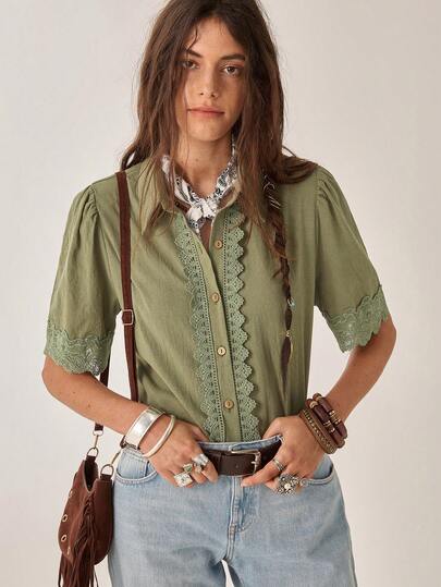 Florisole 女士新款短袖蕾丝拼接衬衫，军绿色纯棉休闲衬衫，夏季户外上衣