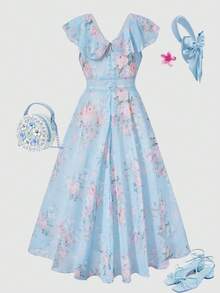 SHEIN Elladie kids 少女优雅简约时尚V领荷叶边无袖高腰中长款纯色雪纺蓝色正式连衣裙，夏季少女毕业/婚礼花童礼服 - 藍色 - 查看 3