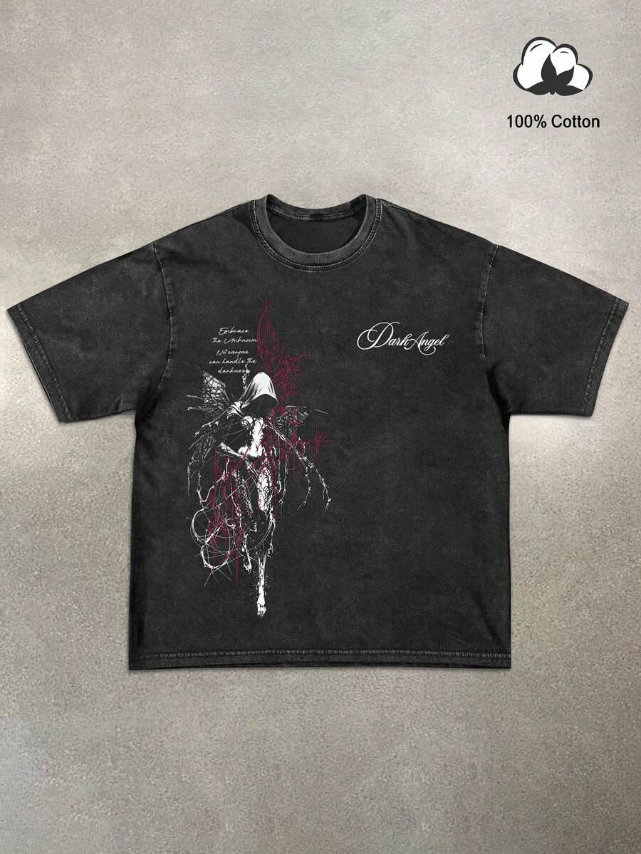 Manfinity EMRG maglietta nera oversize da uomo con stampa gotica vintage di angeli oscuri e effetto consumato, stile casual da strada americana adatta per vacanze estive, festival musicali e feste - nero - Visualizzare 1