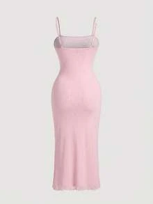 SHEIN MOD Gaun Panjang Sedang Motif Bunga Jala Vintage Romantis Ukuran Plus, Gaun Tali Bunga Pas Badan Musim Semi/Panas, Cocok untuk Pesta & Liburan - Berwarna merah muda - View 3