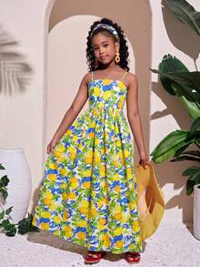 Vestido de tirantes con estampado de limón y floral pequeño para niñas preadolescentes, vestido casual de playa para vacaciones - Amarillo - Ver 7