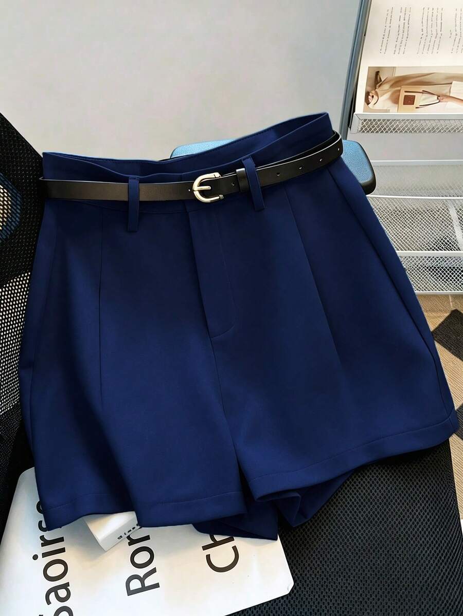 Franclia Quần short kaki màu trơn mới, đa năng, cạp trung bình hoặc cao, có thắt lưng, kiểu dáng thường ngày và đi làm, dành cho nữ, thích hợp cho mùa hè. - Màu xanh lam - Xem 1