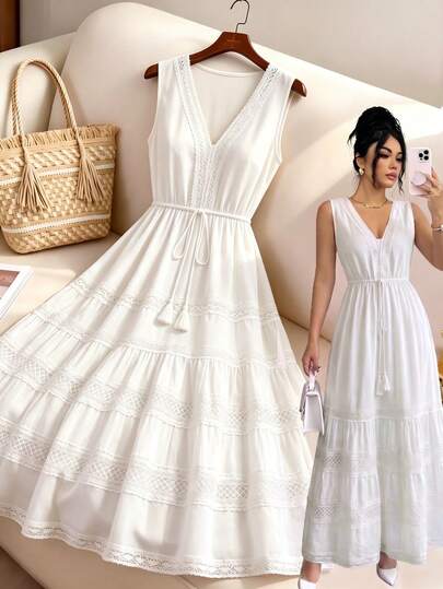 GlowEve Trang phục nghỉ mát mùa hè thanh lịch, gợi cảm, kiểu Pháp tối giản, không tay, cổ chữ V, ren khoét eo, dài, màu trắng.