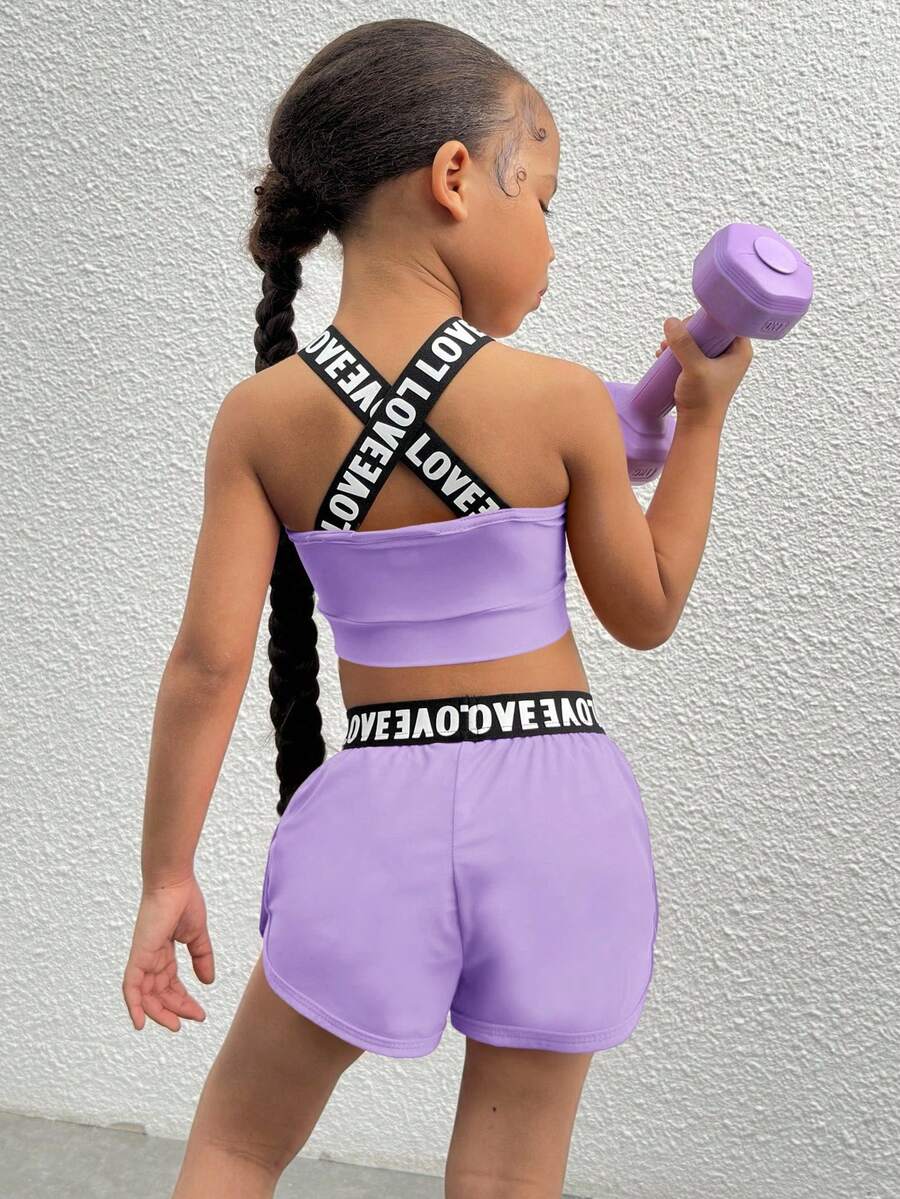 SHEIN 2件套女童针织纯色字母弹力腰背心和短裤运动套装 - 紫色 - 查看 1