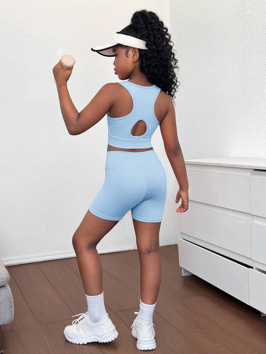 SHEIN 少女纯色针织镂空露背背心和骑行短裤两件套，适合瑜伽、运动会、返校季等场合。 - 淺藍色 - 查看 1