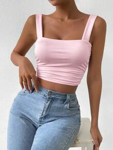 SHEIN 浅粉色性感无袖露背修身上衣，夜店、演唱会、约会和派对必备单品，优雅时尚，适合锐舞派对、音乐节、街头风、休闲运动装、外出造型和海滩度假，也是毕业季的理想之选。基础款上衣 - 淺粉色 - 查看 6