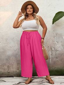 SHEIN CURVE+ Plus Size Casual Solid Color Loose Fit Long Pantssummer/Country/Beach Vacation Outfits/Beach Outfits/Beach Wear - Hot Pink - View 6