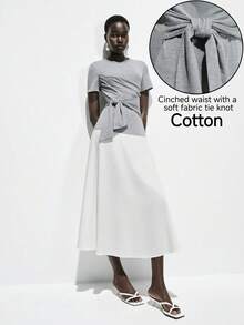 Lumivelle Gray French Style Pleated Tie-Waist Short Sleeve A-Line Dress, Casual Slimming Elegant Long Dress - Multicolor - View 9