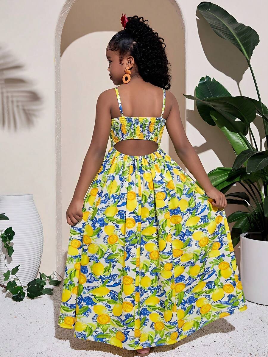 Vestido de tirantes con estampado de limón y floral pequeño para niñas preadolescentes, vestido casual de playa para vacaciones - Amarillo - Ver 1