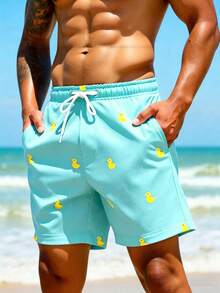 Genlund Men's Yellow Duck Print Beach Shorts - Mint Blue - View 3