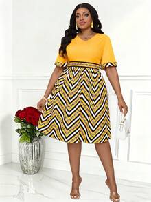 Villa Velisse 大码A字腰链印花短袖连衣裙，夏季黄色印花连衣裙，大码图案连衣裙，黄色大码连衣裙，大码夏季连衣裙，大码黄色连衣裙，V领黄色连衣裙，黄色图案连衣裙，女士及膝连衣裙，女士黄色连衣裙，大码夏季连衣裙，大码女装，黄色条纹连衣裙，女士大码连衣裙 - 黃色 - 查看 4