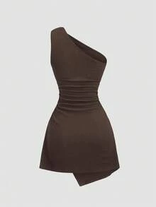 Sweetra Y2K Sexy Asymmetric Neck Textured Fabric Pleated Buttoned Versatile Elegant Commuter Dress - Coffee - View 2