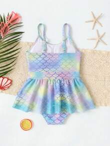 SHEIN 女童美人鱼印花蝴蝶结可爱泳衣，运动、沙滩、度假、游泳，休闲又有趣 - 彩色 - 查看 5