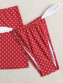 Swim Mod 3pcs/Set Women's Polka Dot Random Print Summer Cute Dot V-Neck Halter Splicing Top Bikini With Matching Skirt Swimwear Set - Red - View 3