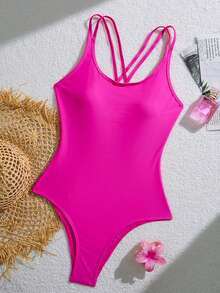 Swim Basics Summer Beach Plain One Piece Swimsuit - Hot Pink - View 5