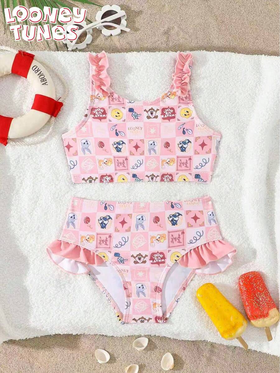 LOONEY TUNES X SHEIN GraphicGems Trang phục đi biển cho bé gái - Áo tankini và quần bikini in họa tiết kẻ caro hồng dễ thương. - Nhiều màu - Xem 1