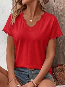 Selamara Camiseta de manga corta con cuello en V y adorno de encaje, nueva para primavera/verano para mujer - Rojo - Ver 6