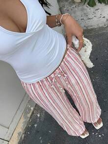 SHEIN EZwear 大码女装春夏粉色条纹抽绳腰宽松裤 - 粉色 - 查看 3