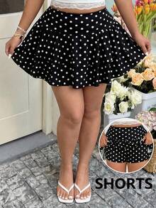 GalTyme 大码女式波点印花荷叶边下摆时尚A字裙 - 黑與白 - 查看 4