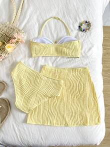SHEIN 3pcs Tween Girls Solid Yellow Textured Knit Swimwear Set, Starfish Button Adorable Swimwear Set For Beach, Holiday, Vacation - Yellow - View 2