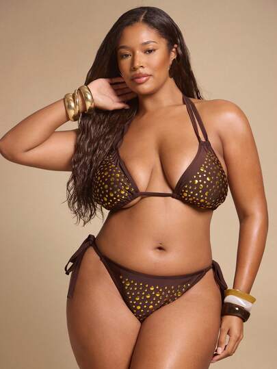 SHEIN BAE Conjunto de Maiô Bikini Halter com Detalhe de Rebite para Praia e Férias em Plus Size