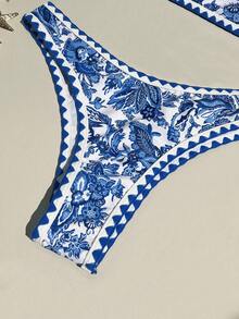 SHEIN Swim Summer Beach Women's One-Shoulder Printed Fashionable Swimwear Set Carnival - Blue and White - View 4