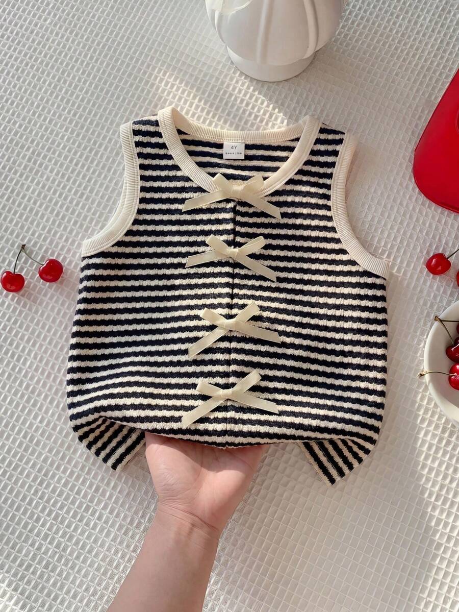 SHEIN Áo hai dây mùa hè dáng rộng kẻ sọc trang trí nơ cho bé gái - màu đen - Xem 1
