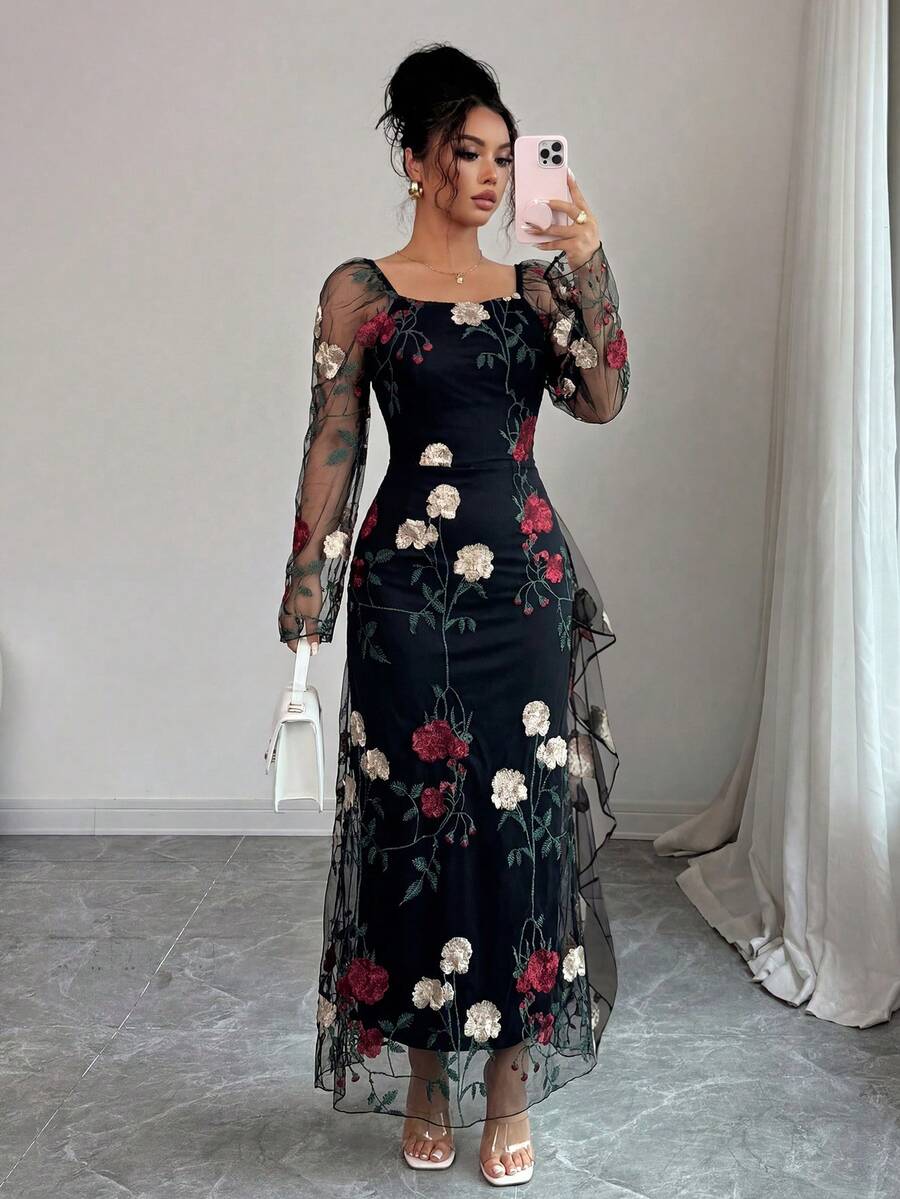Elenzga Women's Square Neck Mesh Floral Embroidered Elegant Dress, Suitable For Gatherings, Formal Occasions In Spring/Summer (Random Embroidery) - Black - View 1