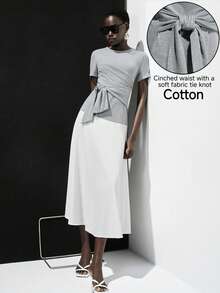 Lumivelle Gray French Style Pleated Tie-Waist Short Sleeve A-Line Dress, Casual Slimming Elegant Long Dress - Multicolor - View 1