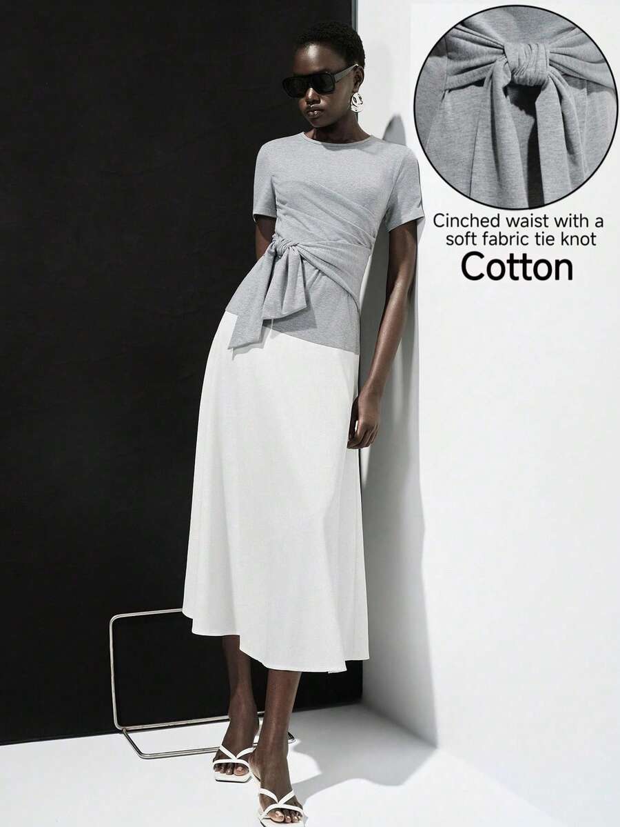 Lumivelle Gray French Style Pleated Tie-Waist Short Sleeve A-Line Dress, Casual Slimming Elegant Long Dress - Multicolor - View 1