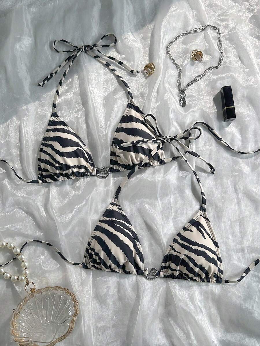 Swim Vcay 女士斑马纹吊带系带比基尼上衣,适合夏季度假 - 彩色 - 查看 1