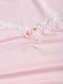 Sweetra Lace Patchwork Sweetheart Neck Casual Elegant Blouse T-Shirt, Spring/Summer - Pink - View 4