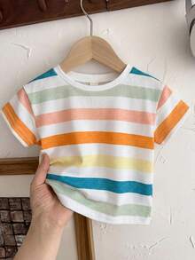 SHEIN Cute Colorful Striped Knit T-Shirt Top, Versatile For Baby Boys And Girls In Summer - Multicolor - View 3