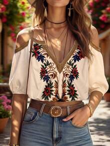 EMERY ROSE Women's Fashion Open Shoulder V-Neck Half Sleeve Elastic Cuff Print Loose Fit Vacation Cover Up - Multicolor - View 3
