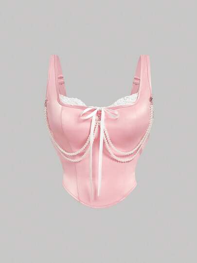 SHEIN MOD Áo tank top nữ cỡ lớn bằng satin ren có nơ và dây xích trang trí, có thể tháo rời, thích hợp cho mùa tựu trường và hè.
