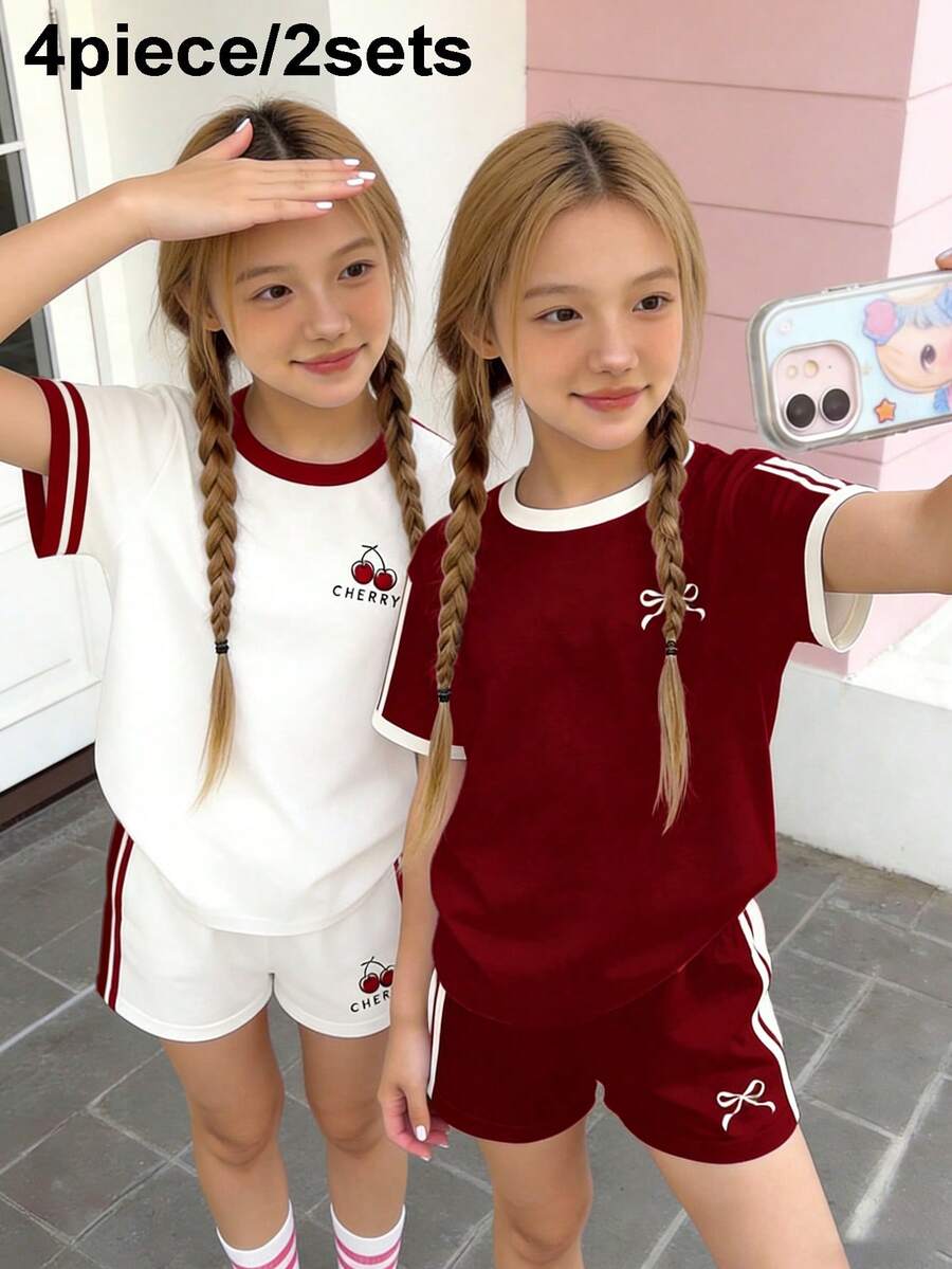 4件套/2套少女休闲简约酒红色蝴蝶结樱桃印花条纹短袖圆领T恤和短裤套装,适合夏季和秋季穿着,舒适便捷,适合儿童秋季叠穿,时尚少女风,休闲装,儿童图案服装,返校季,秋季服装,返校派对服装 - 彩色 - 查看 1