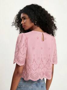 CAJUNI Summer Casual Solid Color Embroidered Cropped Shirt,Summer Top - Baby Pink - View 2