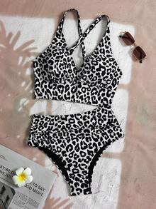 Swim Basics 女士夏季海滩度假豹纹 V 领比基尼两件套泳衣套装 - 彩色 - 查看 6