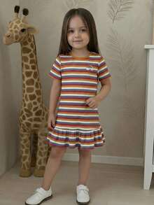 SHEIN Young Girl' Striped Round Neck Short Sleeve Dress - Coral Orange - View 7