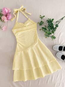 SHEIN Vestido de cuello halter con decoración de estrella de mar para niñas preadolescentes - Amarillo - Ver 2