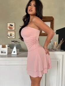 SHEIN PETITE Leopard Print Sexy Strapless Mini Dress With Layered Ruffle Skirt - Pink - View 5